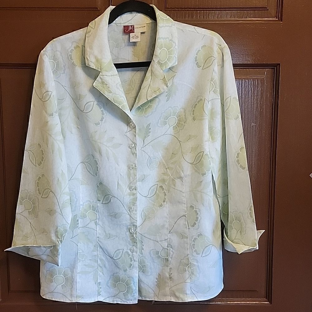 JM Collection- Linen green, aqua, white  print button down front size 12 shirt.